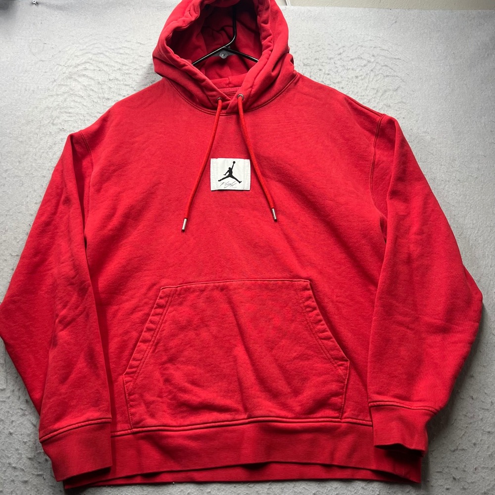 Jordan Flight Hoodie Men Large Red Jumpman Patch Pullover Sweatshirt 100% Cotton